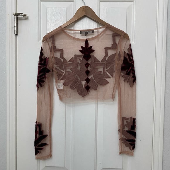 For Love and Lemons Vienna Maroon Velvet Beaded Mesh Long Sleeve Crop Top - Picture 4 of 6